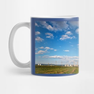 Blue cloudy sky over factory, industrial zone, Romania Mug